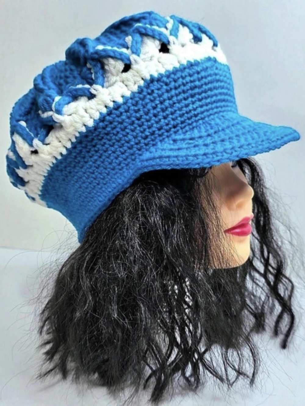 Handmade Crochet Newsboy Cap Blue & White-One Size